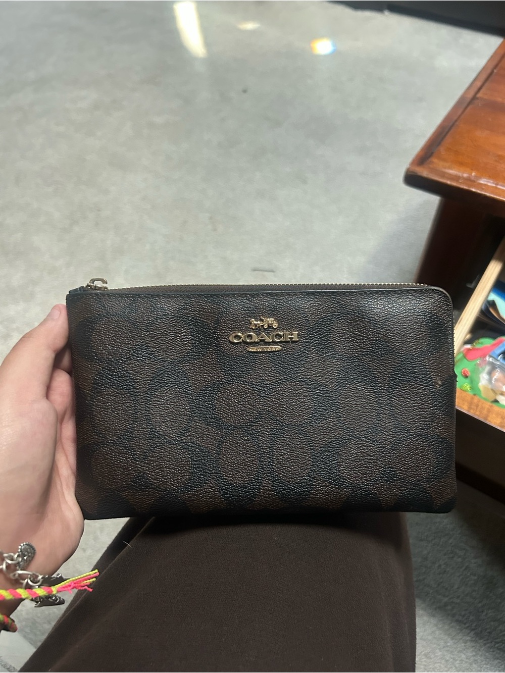 Coach Brown Signature Zip Clutch with Gold Logo
